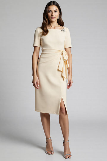 Ruffled Champagne Sheath Midi Dress with Slit